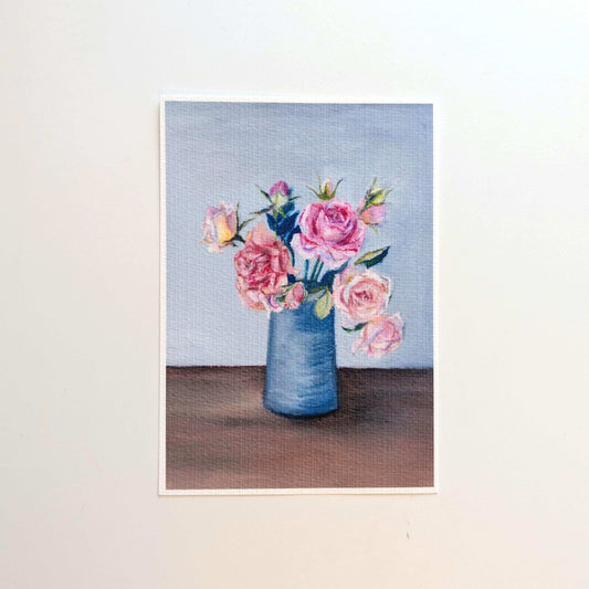Unframed oil pastel rose vase art print full view, pink roses bouquet in blue vase on premium textured fine art paper, HerPens
