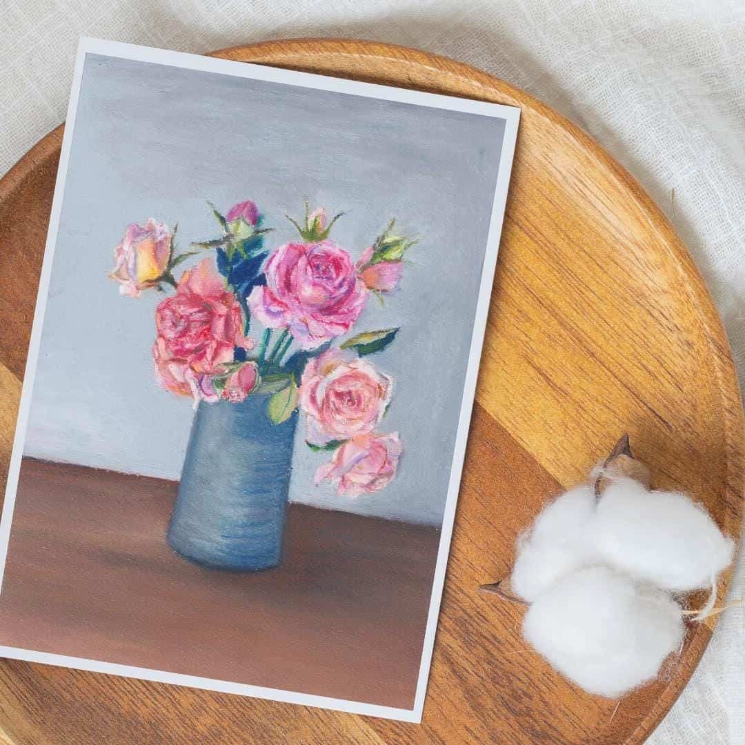 Oil pastel rose vase art print styled on a wooden tray with soft neutral props, warm floral wall art for modern interiors, HerPens