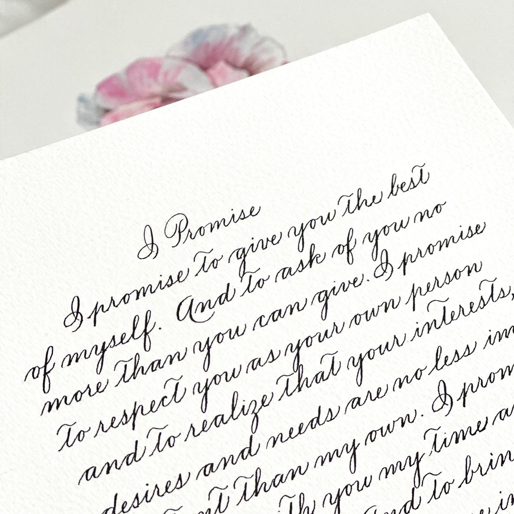 handwritten Spencerian calligraphy wedding vows on A4 paper in black ink by HerPens