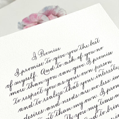 handwritten Spencerian calligraphy wedding vows on A4 paper in black ink by HerPens