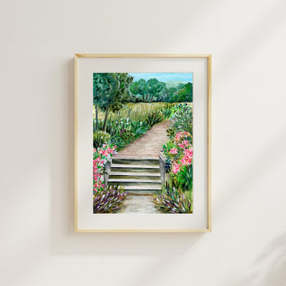 Summer Park watercolor crayon art print in gold frame against minimal white wall, printable landscape décor, HerPens