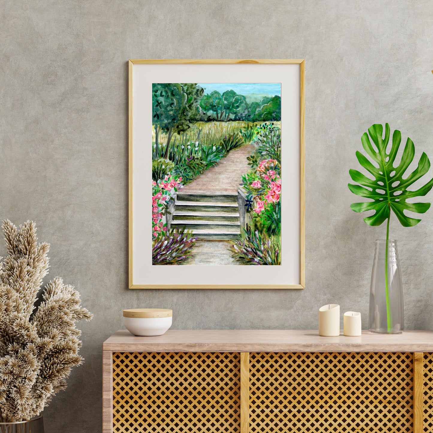 Framed Summer Park digital artwork placed near plant under natural light, watercolor crayon landscape with steps and flowers, HerPens