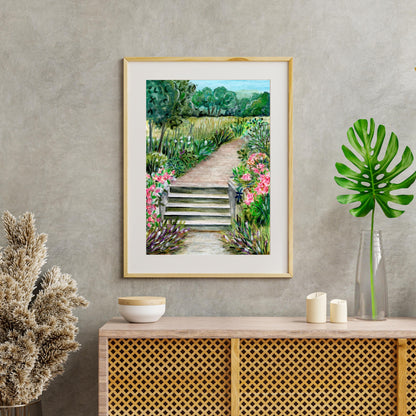 Framed Summer Park digital artwork placed near plant under natural light, watercolor crayon landscape with steps and flowers, HerPens