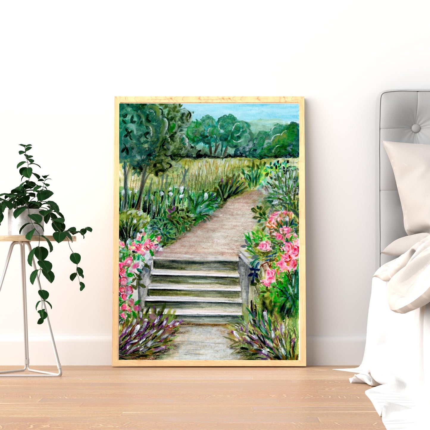Framed Summer Park digital artwork placed near plant under natural light, watercolor crayon landscape with steps and flowers, HerPens