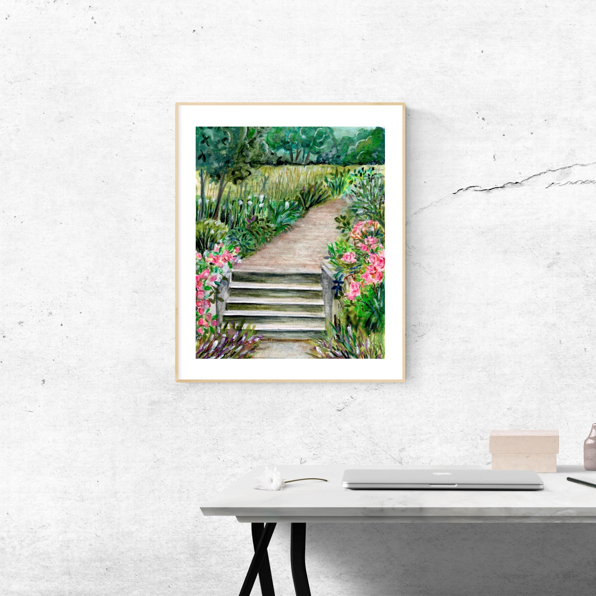 Framed Summer Park digital download displayed on concrete wall above wooden table, watercolor crayon landscape art for modern interiors, HerPens