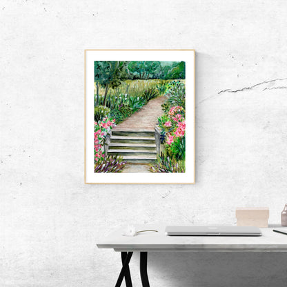 Framed Summer Park digital download displayed on concrete wall above wooden table, watercolor crayon landscape art for modern interiors, HerPens