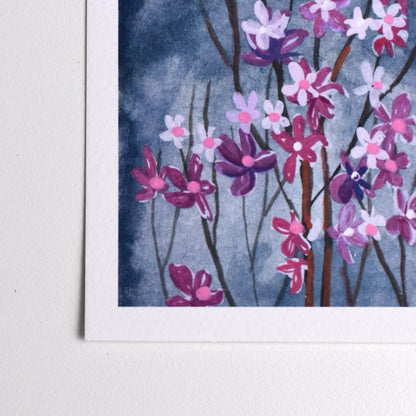 Close-up of the blooming night flowers from the “Under the Moonlight” gouache painting — soft pink and purple petals under moonlight.