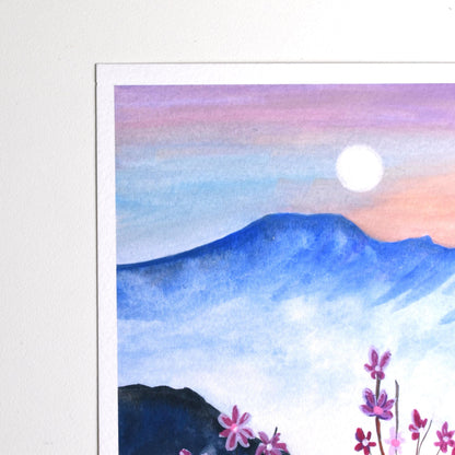Close-up of the moonlit mountains and night sky from the “Under the Moonlight” gouache artwork — calm landscape in cool blue tones.
