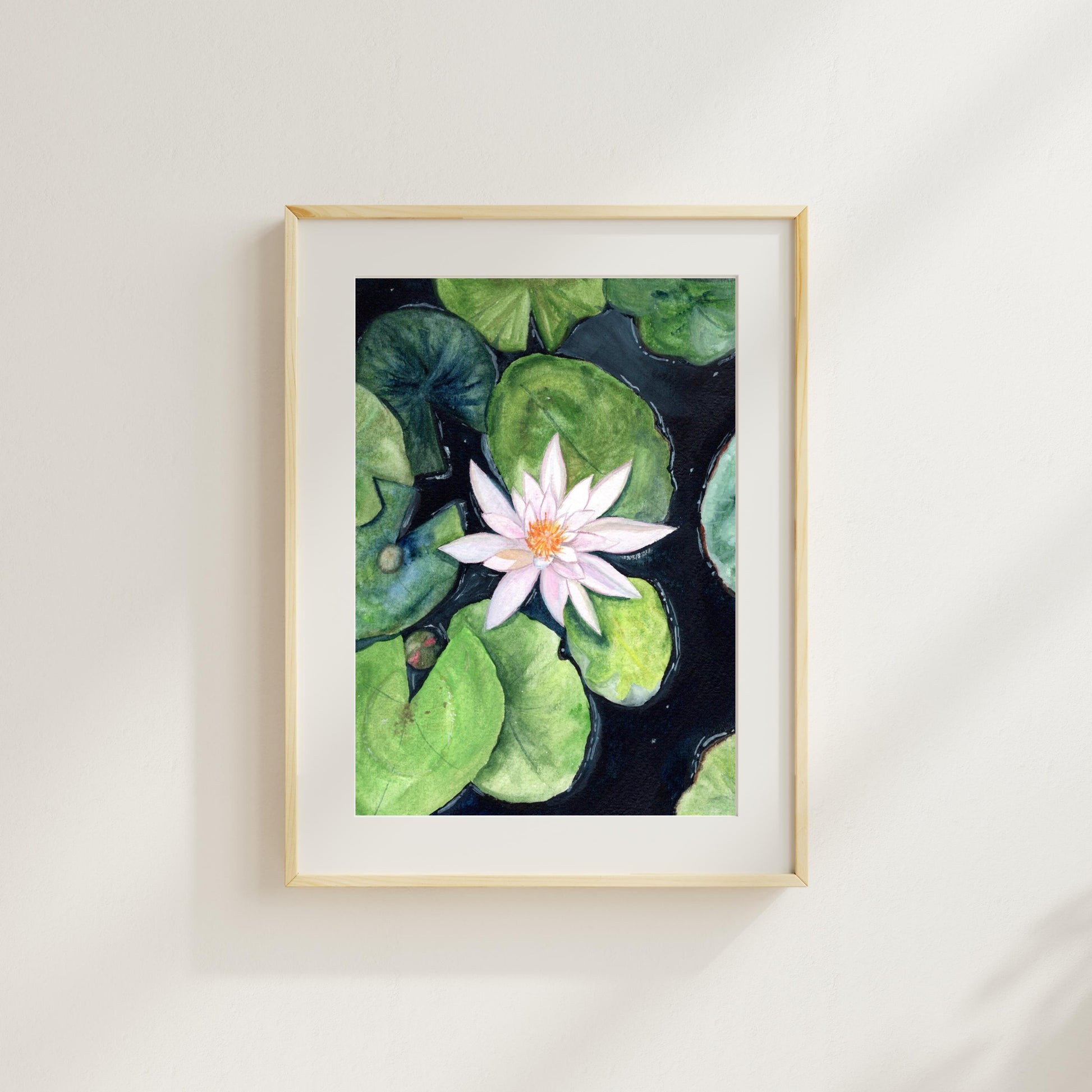 Water Lily digital artwork hanging on a wall with bright natural light, delicate gouache white flower and green leaves illustration, HerPens