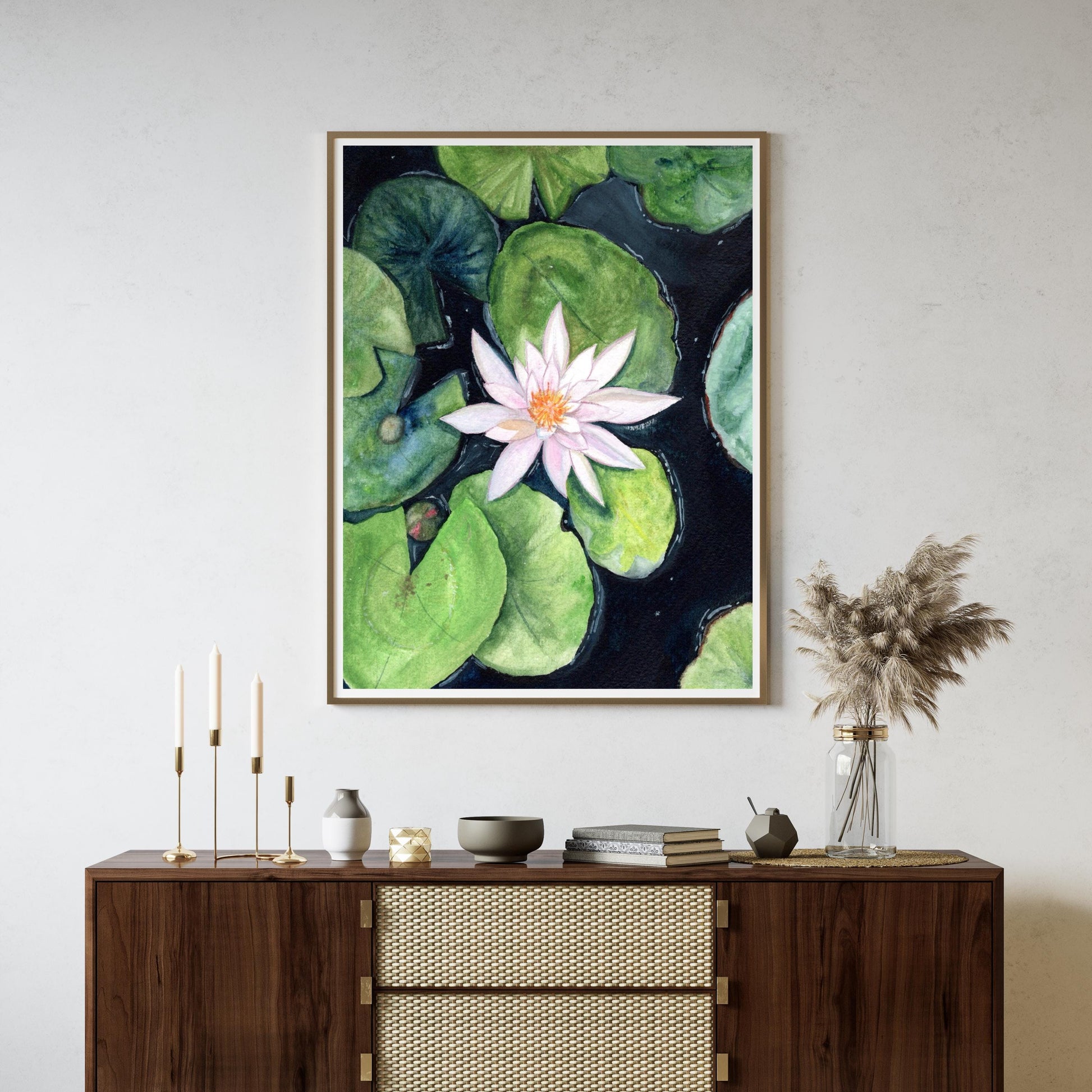 Water Lily floral digital print in a warm modern interior with wooden console and plant decor, botanical gouache artwork, HerPens