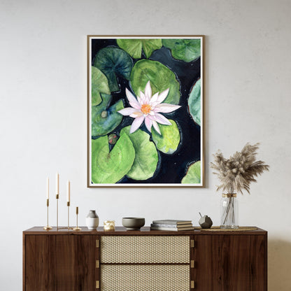 Water Lily floral digital print in a warm modern interior with wooden console and plant decor, botanical gouache artwork, HerPens