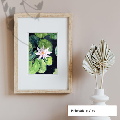 Water Lily floral digital print framed on a neutral beige wall with minimalist vase decor, gouache lily and leaf illustration, HerPens