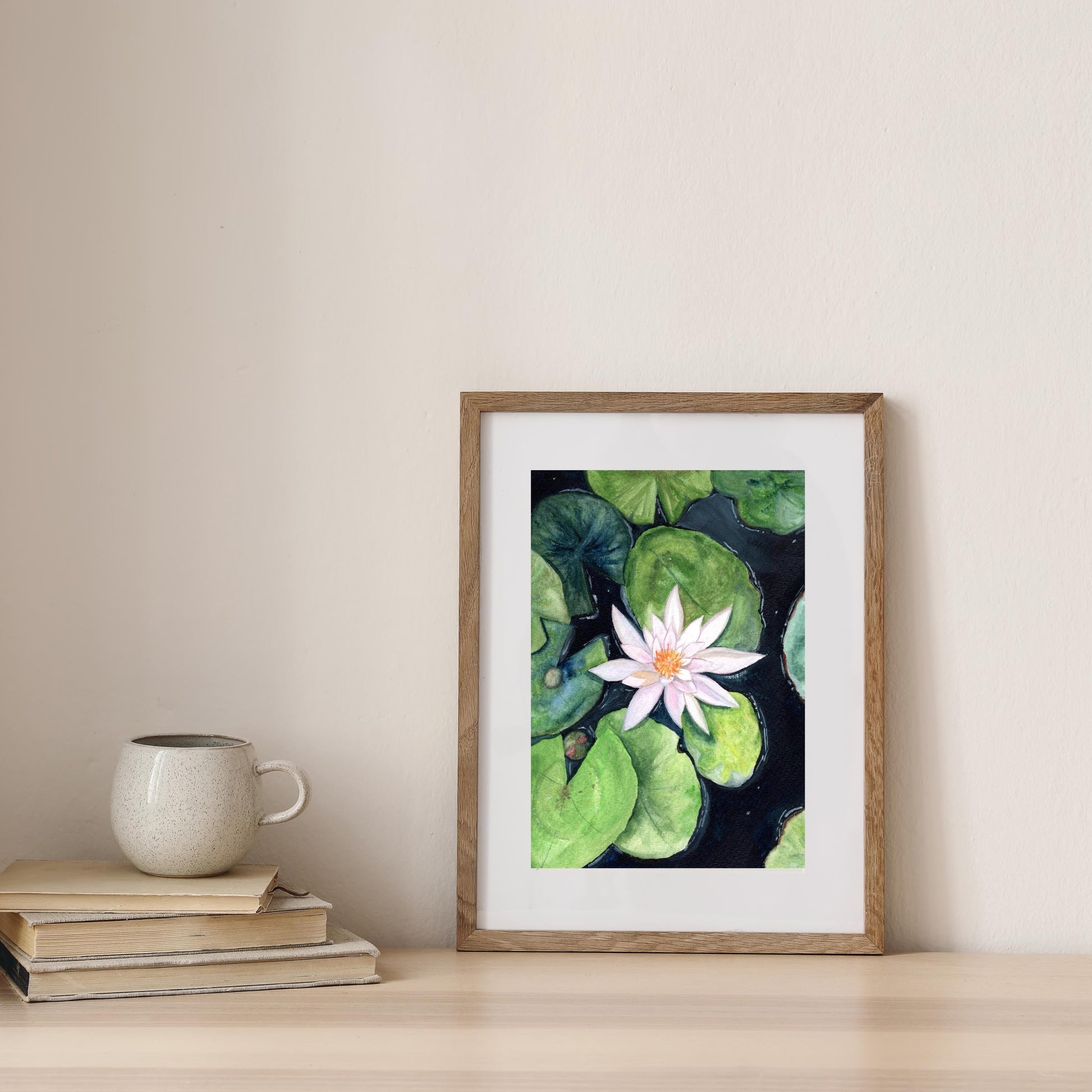 Water Lily gouache digital artwork displayed above a wooden console with tall vase, cozy botanical home decor, HerPens