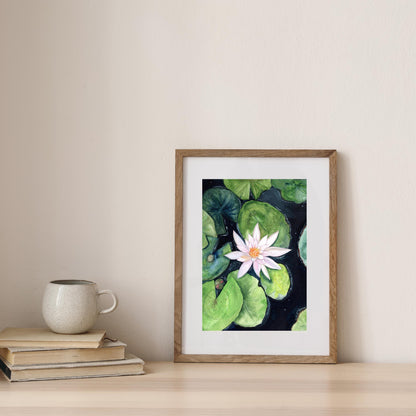 Water Lily gouache digital artwork displayed above a wooden console with tall vase, cozy botanical home decor, HerPens
