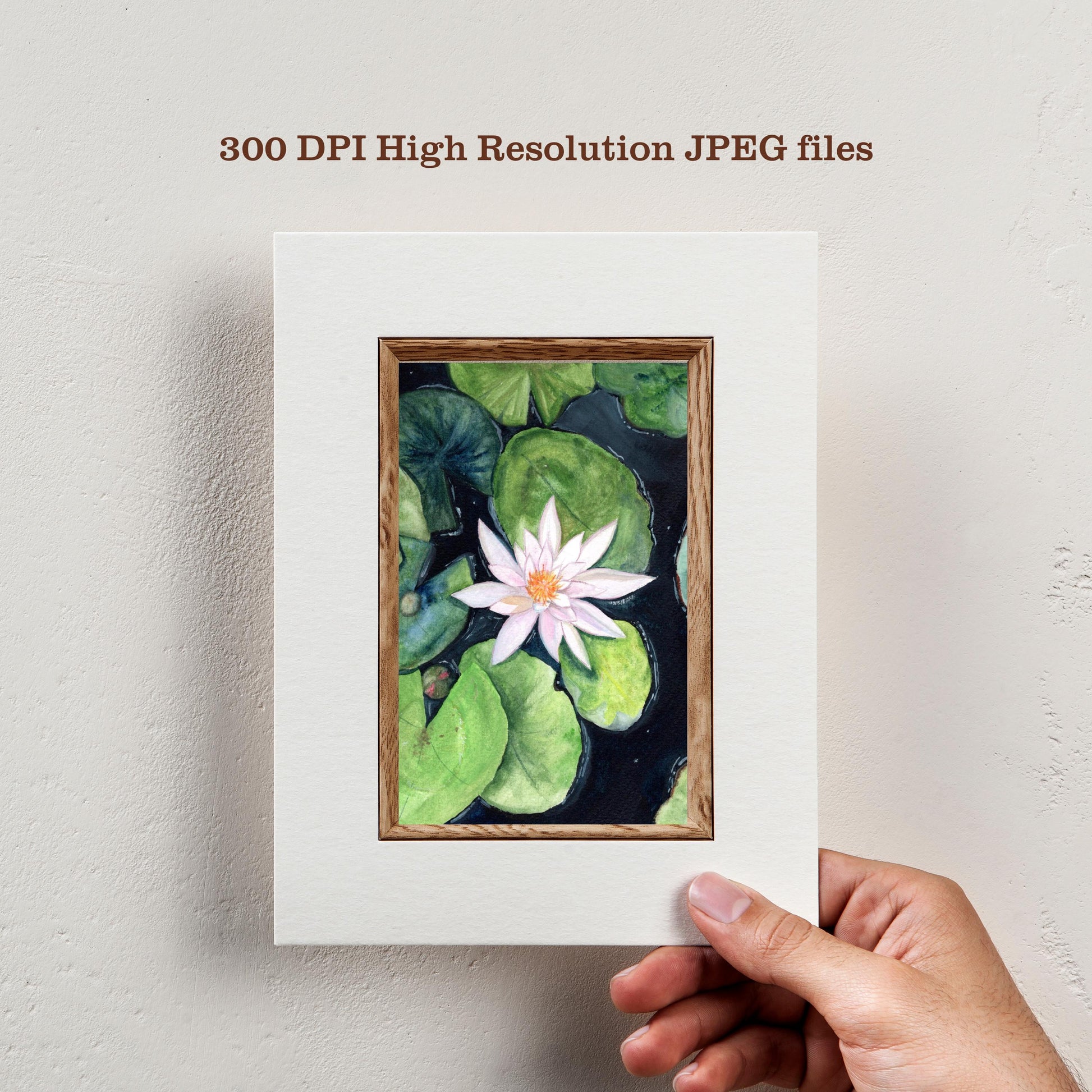 Hand holding small Water Lily gouache artwork print showing delicate white flower and green leaves, floral digital download, HerPens