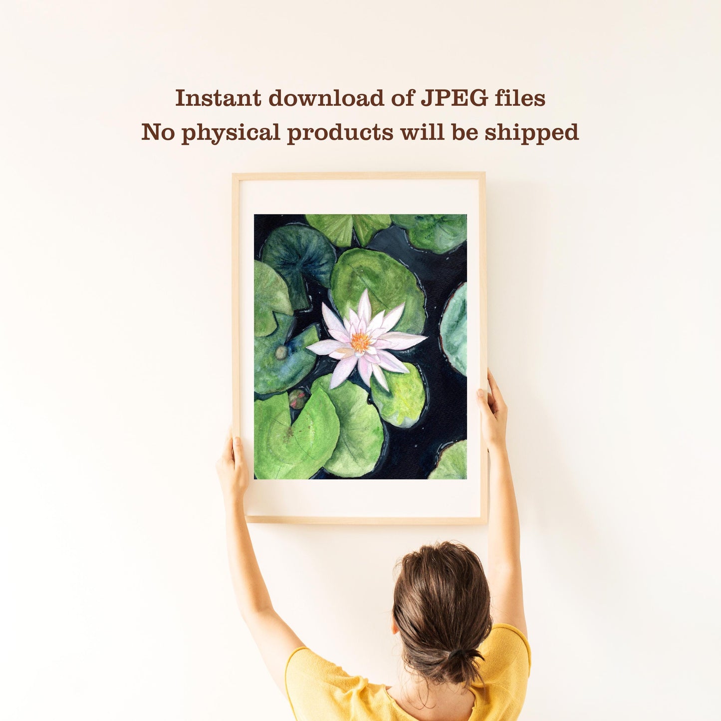 Instant download mockup with person holding framed Water Lily gouache artwork, printable botanical floral illustration, HerPens