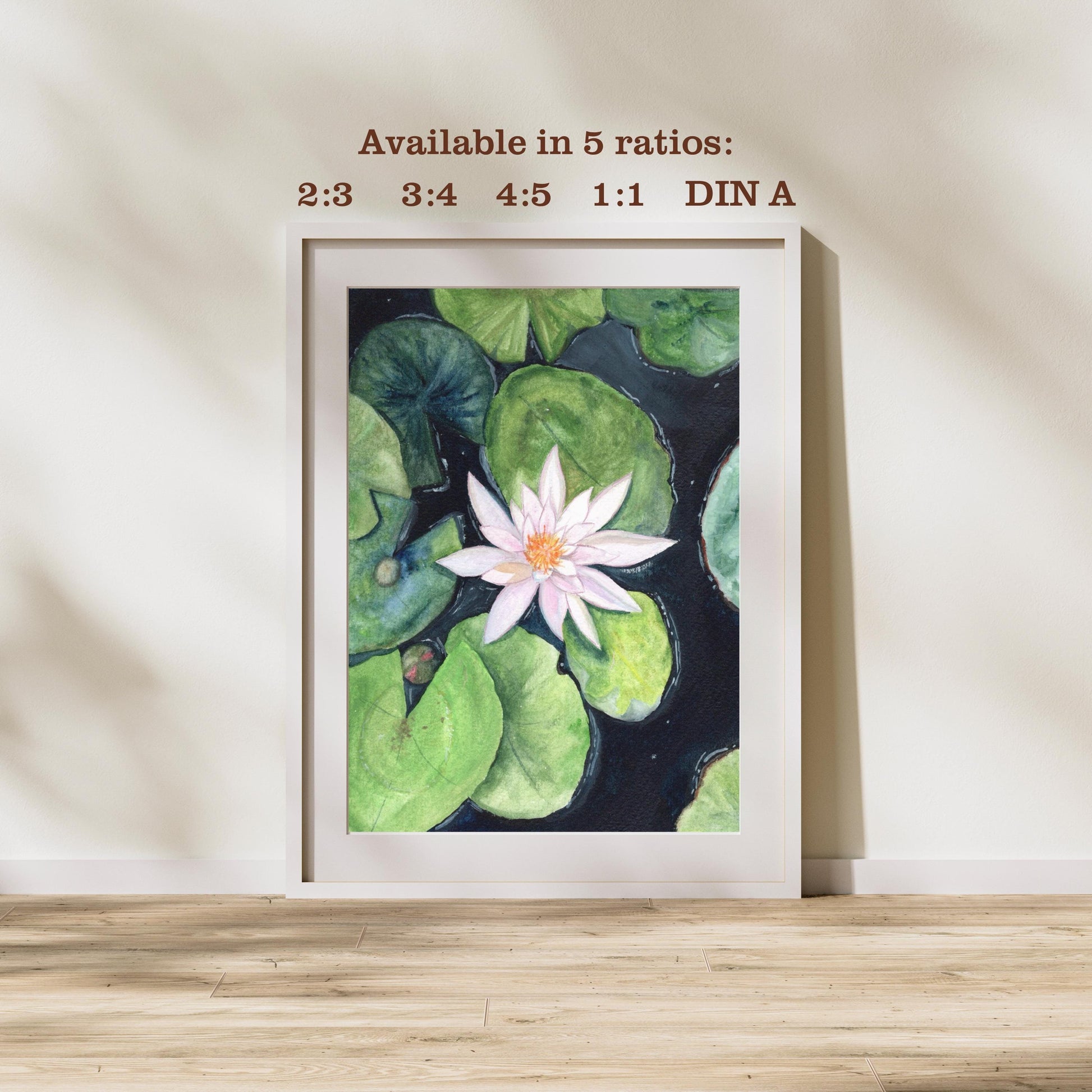 Printable size ratio preview for Water Lily digital download showing 2:3, 3:4, 4:5, 1:1 and DIN A print options, garden-inspired gouache artwork, HerPens