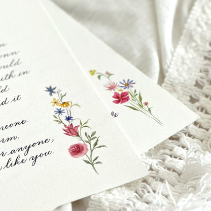 Close up of watercolor floral border details on handwritten calligraphy letter
