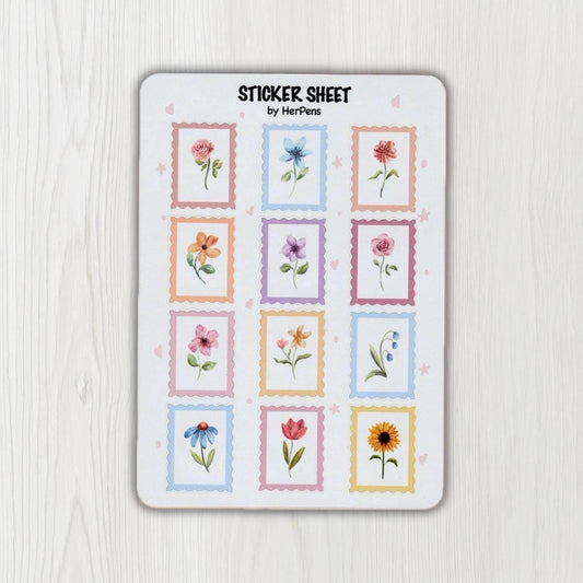 Watercolor flower stamp sticker sheet in vintage botanical style on A6 matte paper full sheet overview herpens