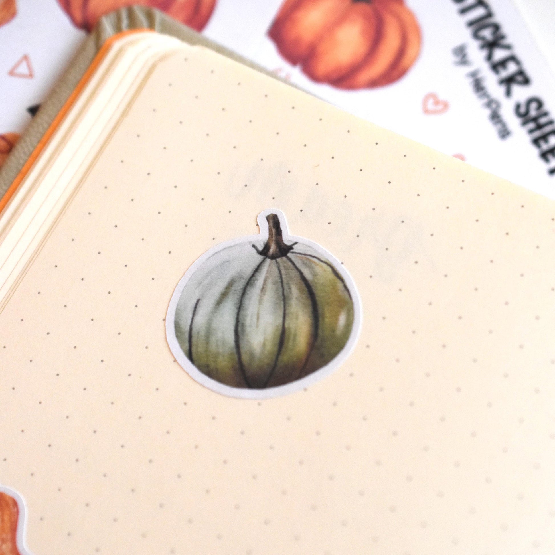 Handwritten detailed view of watercolor pumpkin stickers printed on matte paper warm fall aesthetic herpens