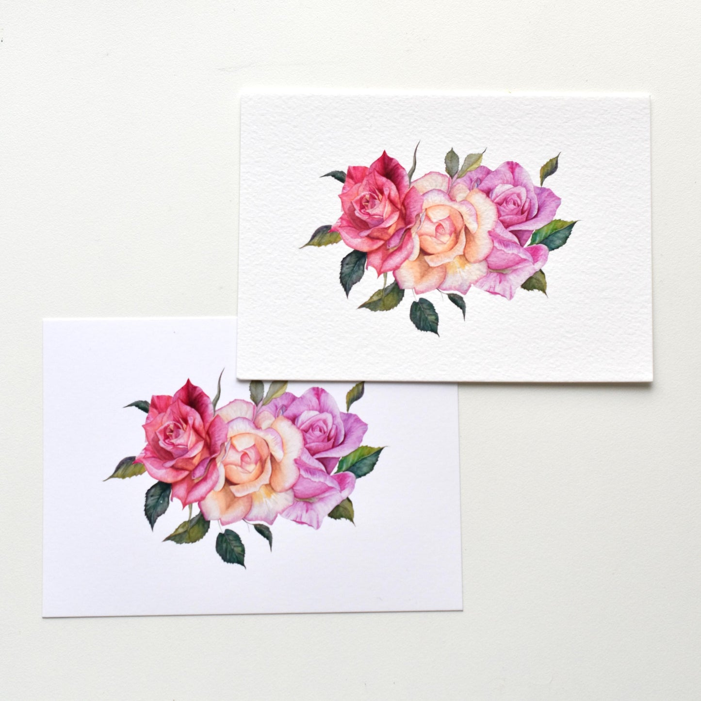 A6 watercolor roses postcards shown side by side on matte and textured paper, comparing print surfaces and floral details, HerPens