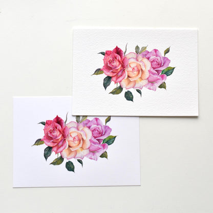 A6 watercolor roses postcards shown side by side on matte and textured paper, comparing print surfaces and floral details, HerPens