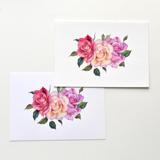 A6 watercolor roses postcards shown side by side on matte and textured paper, comparing print surfaces and floral details, HerPens