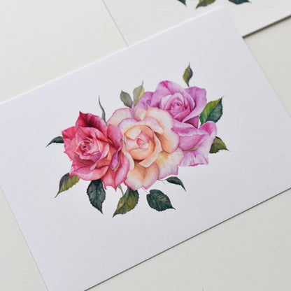 Watercolor roses postcard printed on smooth matte paper, crisp floral artwork with soft pink rose tones, HerPens