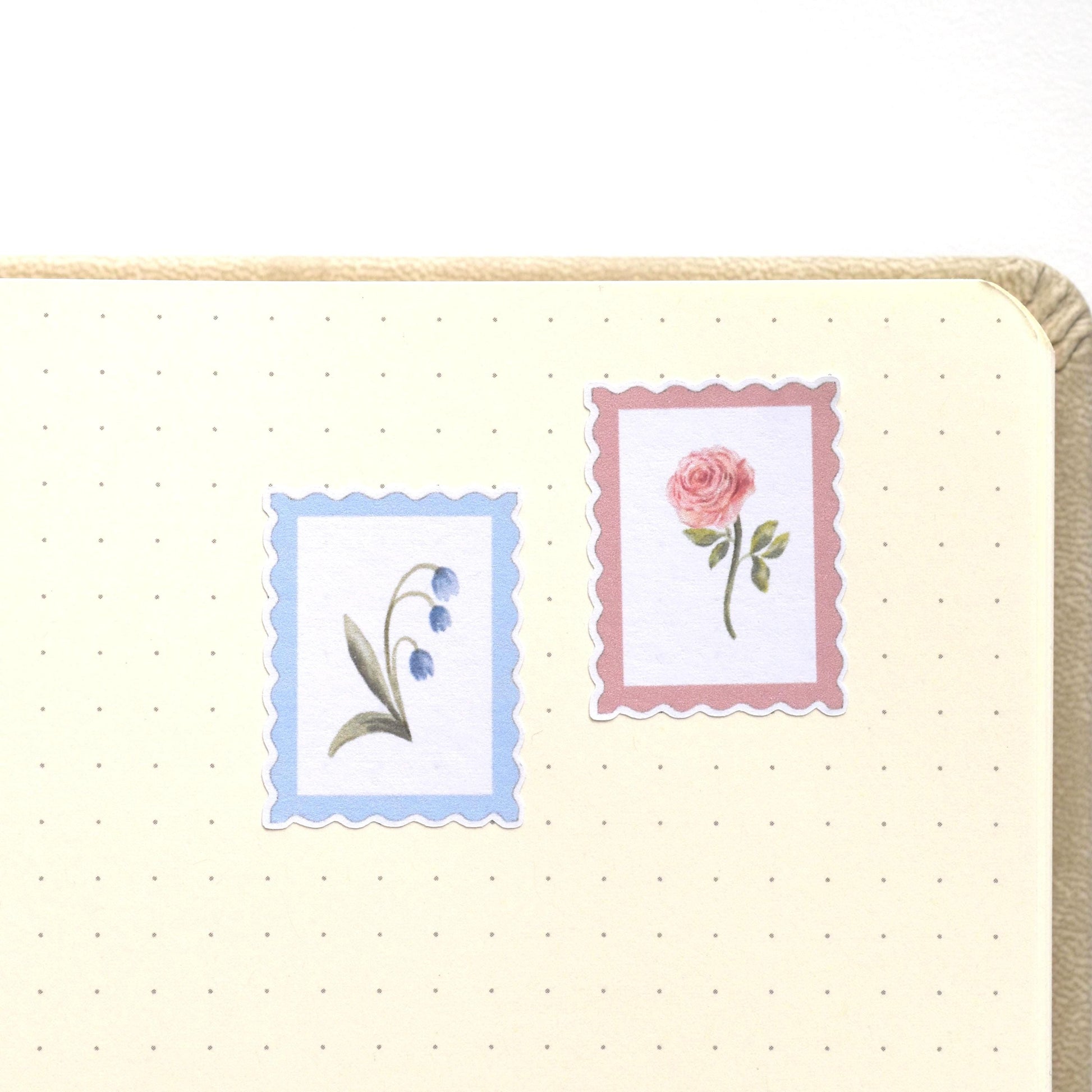 Watercolor botanical stamp stickers on clean minimal background emphasizing soft vintage aesthetic herpens