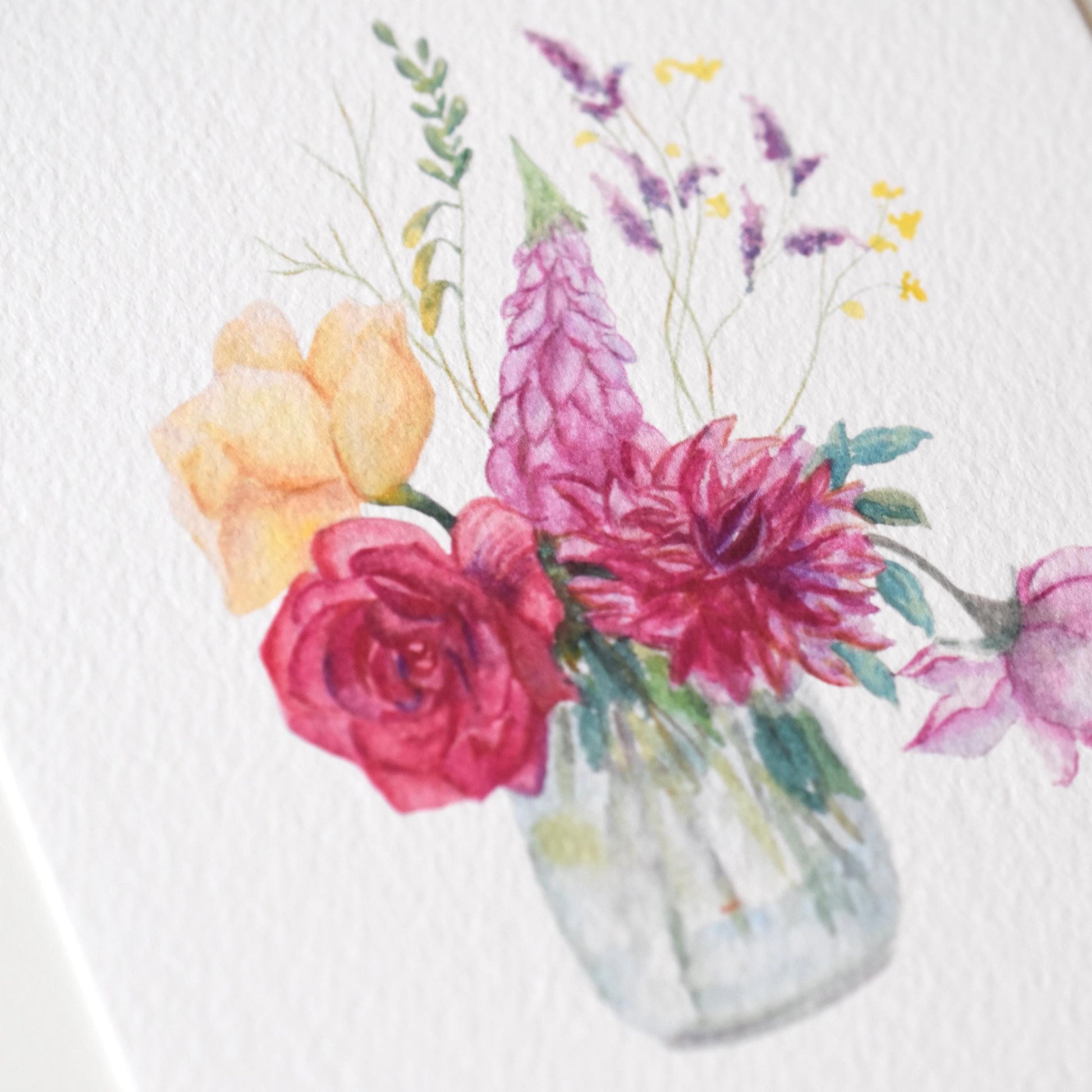 Close-up of the “Watercolour Flowers Vase” watercolor artwork — delicate brush details and fine art paper texture visible, printed by HerPens.