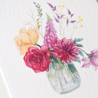Close-up of the “Watercolour Flowers Vase” watercolor artwork — delicate brush details and fine art paper texture visible, printed by HerPens.