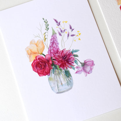 Close-up of the “Watercolour Flowers Vase” art postcard on smooth matte 310 gsm paper — showing fine watercolor details and soft pastel tones by HerPens.