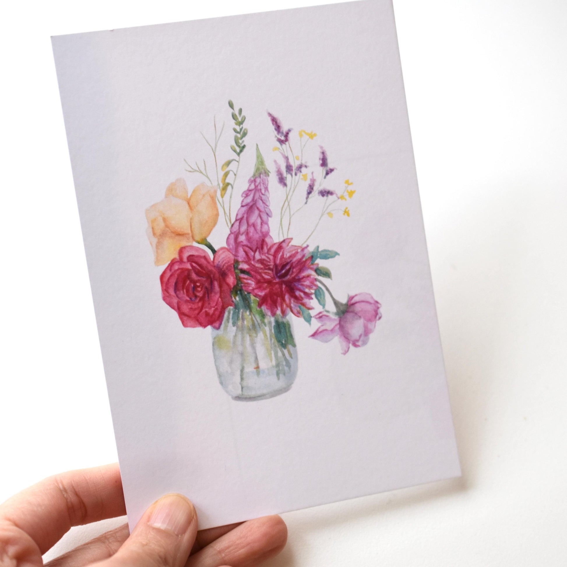 “Watercolour Flowers Vase” art postcard on smooth matte 310 gsm paper — crisp watercolor floral design with soft pastel tones by HerPens.