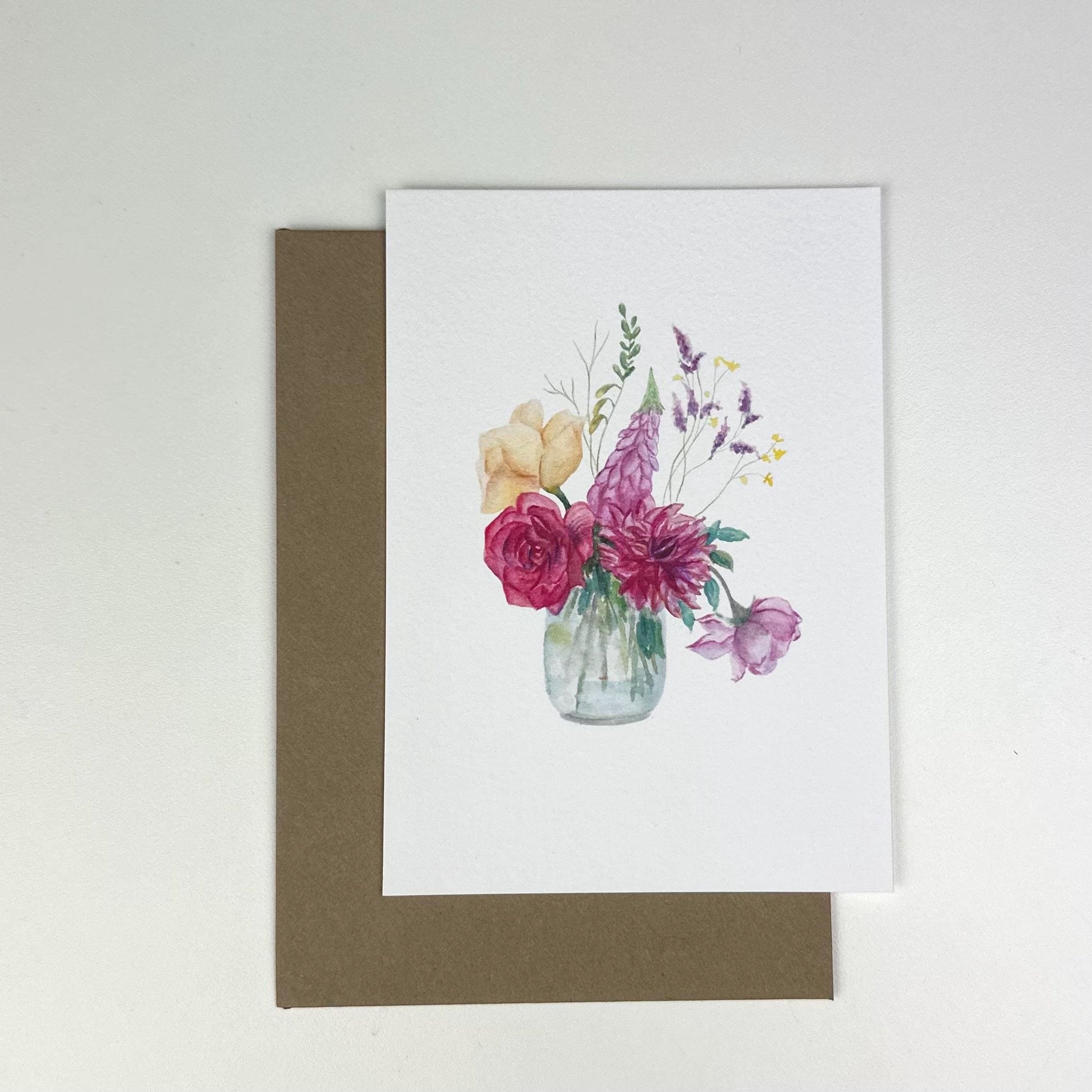 “Watercolour Flowers Vase” A6 postcard on smooth matte paper paired with white envelope — elegant watercolor floral artwork by HerPens.