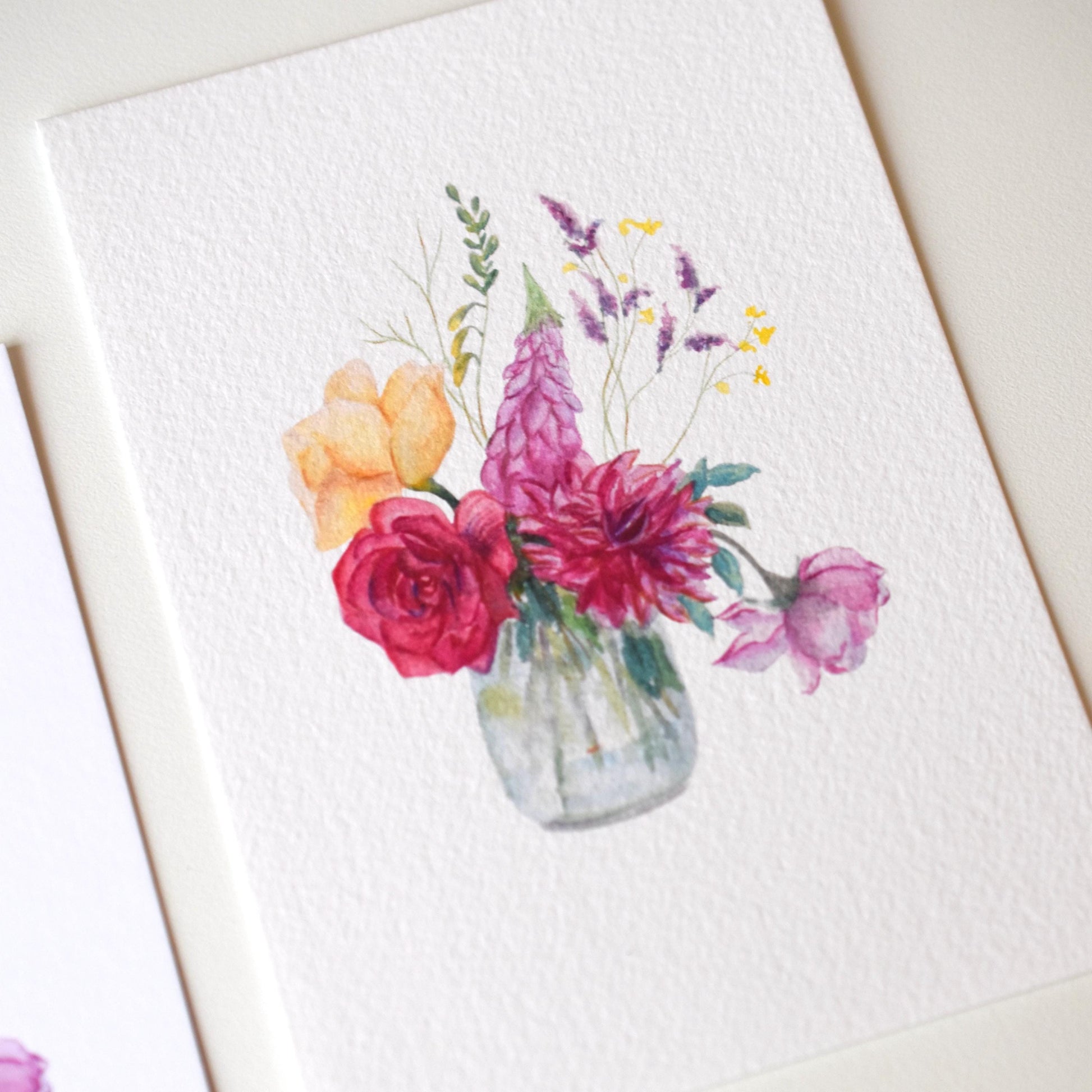 “Watercolour Flowers Vase” art postcard on textured fine art 310 gsm paper — painterly surface showing the natural watercolor grain by HerPens.