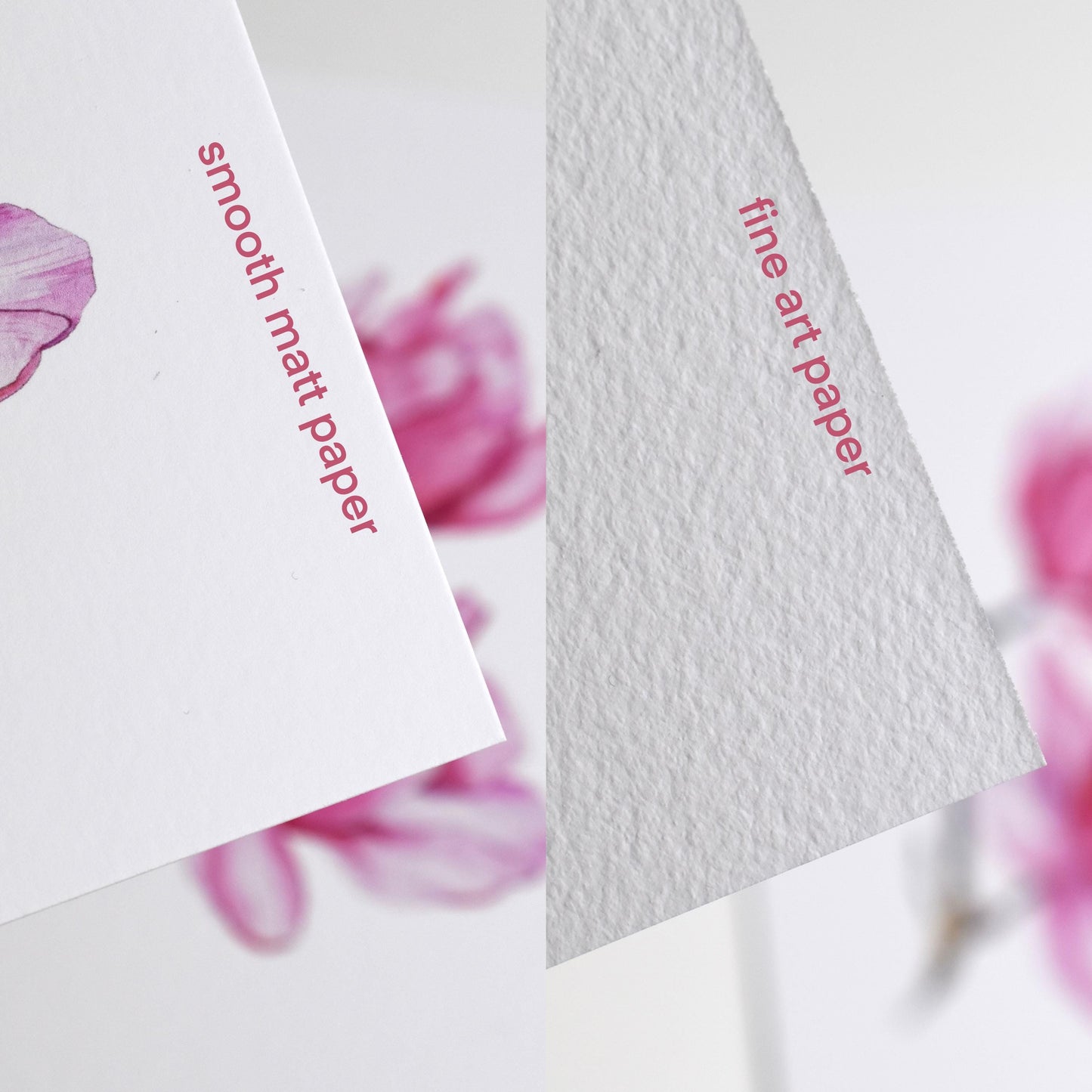 Side-by-side comparison of the “Watercolour Magnolia” postcard on smooth matte paper versus textured fine art paper, showing both finish options by HerPens.