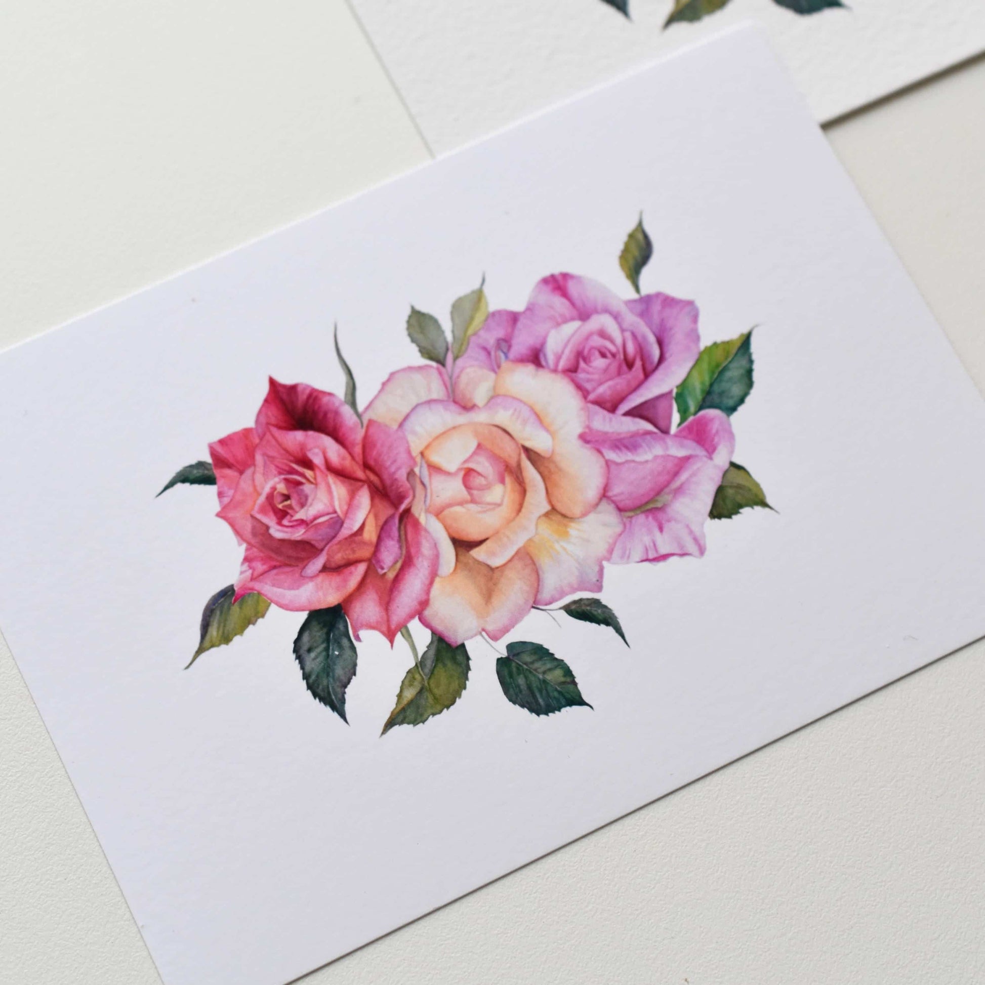 Watercolor roses postcard printed on smooth matte paper, crisp floral artwork with soft pink rose tones, HerPens